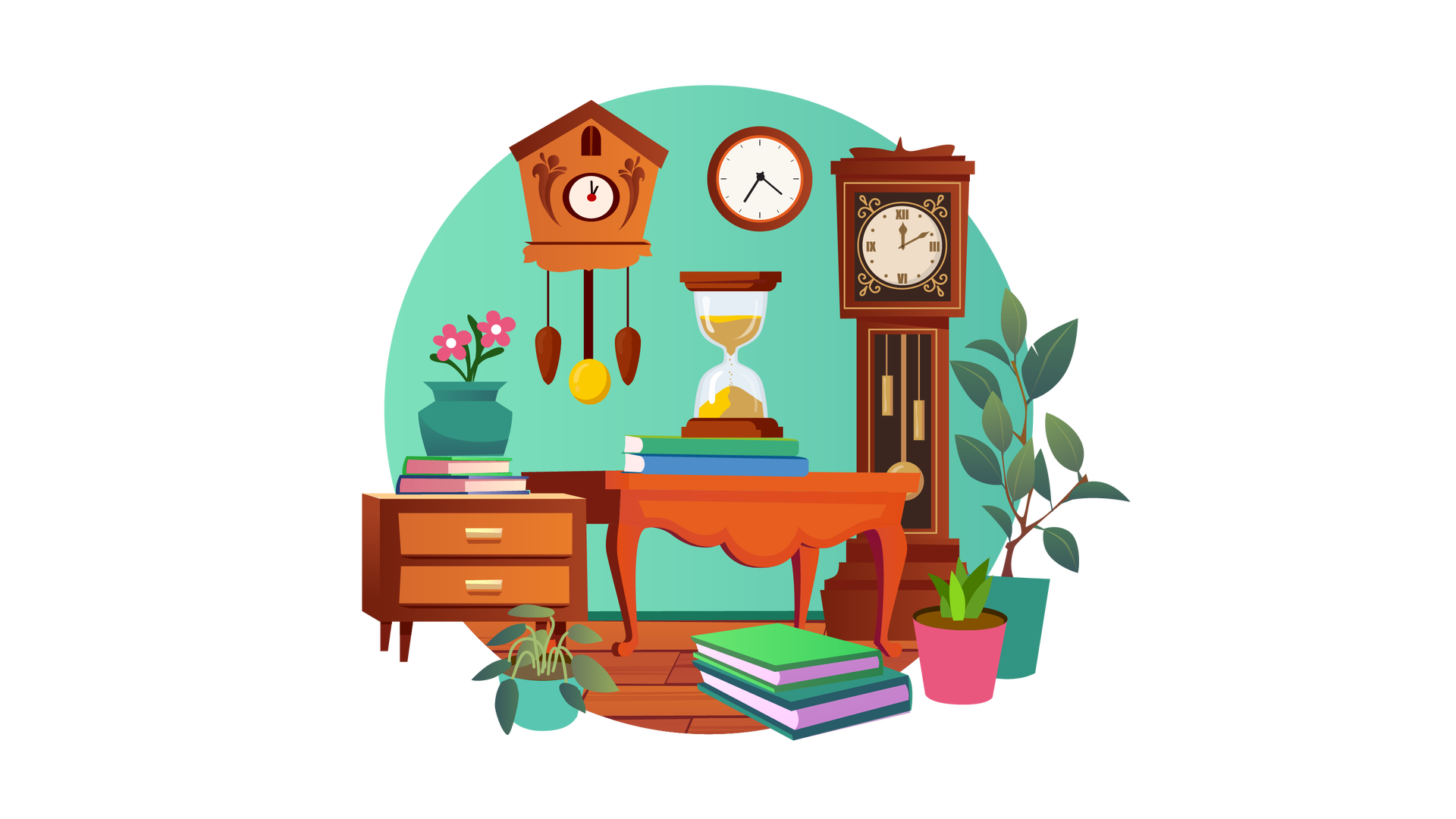 Ilustracja przedstawia pomieszczenie w domu. W tle widać turkusową ścianę, na której wiszą dwa zegay: brązowy z kukułką i wahadłem oraz okrągły, również brązowy, ze wskazówkami. Trzeci zegar stoi po prawej stronie, pod ścianą. Jest wysoki, także brązowy, ma tarczę, wskazówki i wahadło. Na środku stoi brązowy stół, na którym są dwie książki ułożone jedna na drugiej. Pierwsza książka ma zieloną okładkę, a druga niebieską. Na książkach stoi duża klepsydra. Na lewo od stołu znajduje się brązowa szafka z dwiema szufladami. Na jej blacie widać kolejne dwie książki ułożone jedna na drugiej. Pierwsza książka ma zieloną okładkę, a druga niebieską. Na książkach stoją dwa różowe kwiaty w ciemnoturkusowym wazonie. Na podłodze, na pierwszym planie, po lewej stronie, stoi zielona roślina w turkusowej donicy. Na środku są jeszcze dwie książki ułożone jedna na drugiej. Pierwsza ma zieloną okładkę, a druga ciemnozieloną. Po prawej stronie stoją dwie zielone rośliny – jedna w różowej, a druga w ciemnoturkusowej donicy.