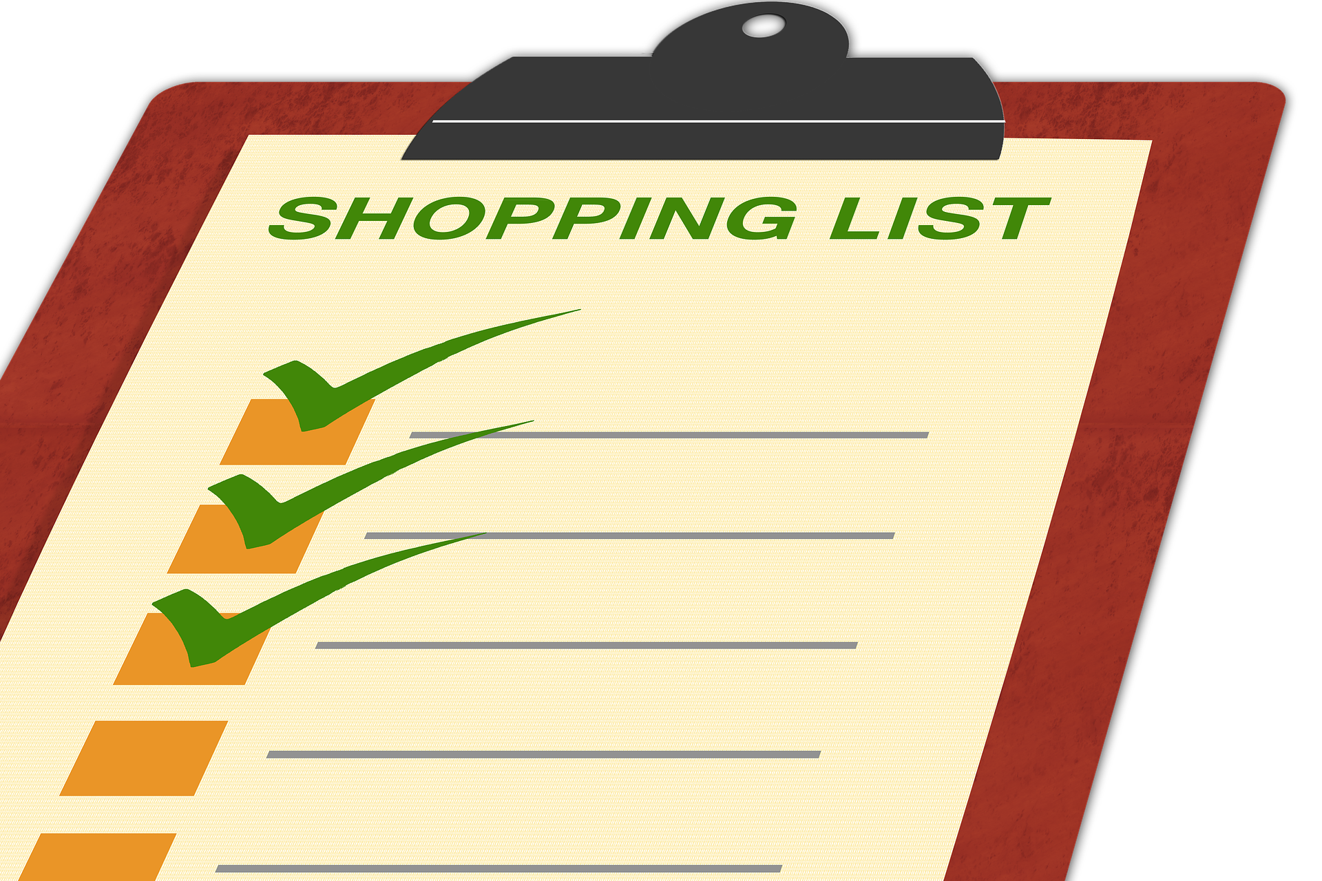 Ilustracja przedstawia listę zakupów w formie kartki z nagłówkiem "Shopping list". Kartka jest przypięta do twardej podkładki. Na kartce w kolejnych linijkach są miejsca na wpisanie potrzebnych produktów oraz kratka z lewej strony każdego wiersza do odznaczania kupionych produktów.