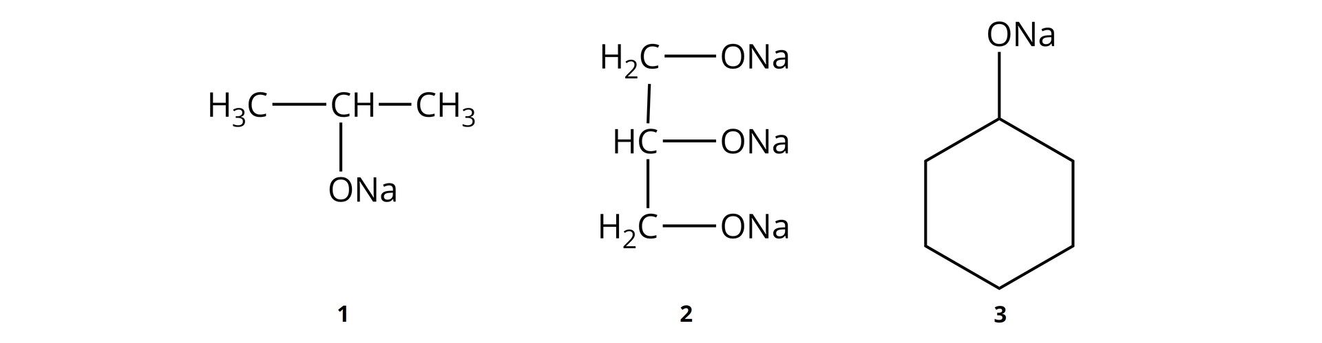 Ilustracja przedstawiająca trzy cząsteczki. Pierwsza zbudowana jest z grupy metylowej CH3 związanej z grupą CH podstawioną kolejną grupą metylową CH3 oraz grupą ONa. Druga cząsteczka zbudowana jest z łańcucha węglowego składającego się z trzech atomów węgla, z których wszystkie trzy podstawione są grupami ONa, oprócz tego, pierwszy i trzeci atom węgla łączą się z dwoma atomami wodoru każdy, a atom węgla C dwa z jednym atomem wodoru. Ostatnia trzecia cząsteczka zbudowana jest z sześcioczłonowego pierścienia podstawionego przy węglu C jeden  grupą ONa.