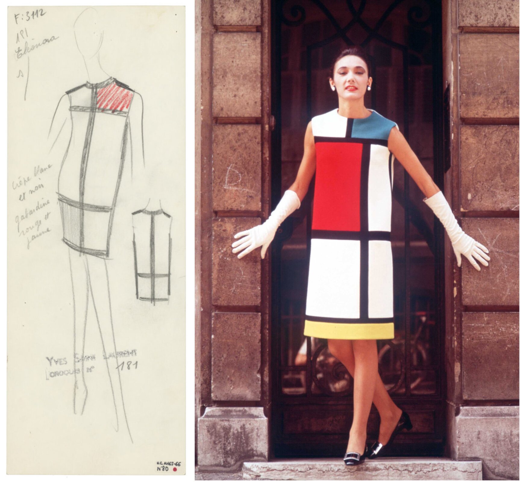 Fotografia przedstawia kobietę ze spiętymi ciemnymi włosami, stojącą przy wejściu do budynku. Kobieta ma na sobie białe rękawiczki sięgające prawie do łokci, czarne buty ze srebrnym detalem oraz sukienkę bez rękawów, która kształtem przypomina prostokąt. Sukienka jest w różnokolorowe ułożone obok siebie w 4 rzędach prostokąty w kolorze czerwonym, żółtym, niebieskim, białym oraz czarnym. Po lewej stronie umieszczono kartę z projektem sukienki z napisami wykonanymi ołówkiem. 