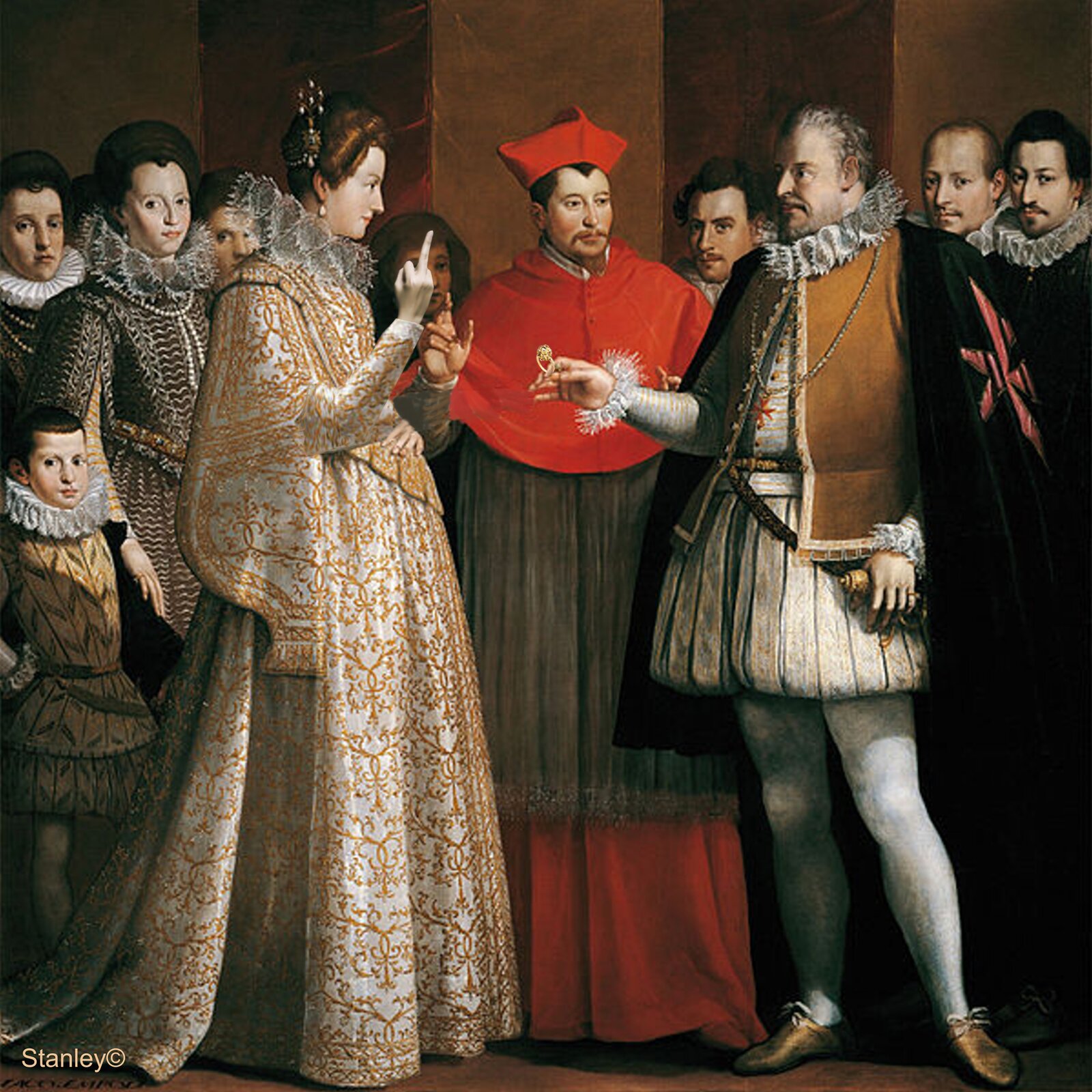Ilustracja przedstawia zawarcie małżeństwa Marii Medycejskiej i Henryka IV. Kobieta stoi po lewej stronie, mężczyzna po prawej, w prawej ręce trzyma pierścionek. Maria ubrana jest w biało-złotą, długą suknię. Henryk IV ubrany jest w strój zgodny z epoką z wysoko postawionym żabotem. Wokół pary znajdują się goście uczestniczący w zaślubinach. Między parą małżonków znajduje się mężczyzna – duchowny, który udziela zaślubin. Ubrany jest w czerwone szaty i szarą albę.