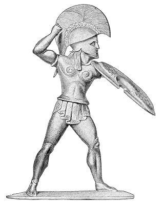 Zdjęcie przedstawia rzeźbę wojownika. Mężczyzna stoi w rozkroku i spogląda w bok. Ma na biodrach przepaskę, a na głowie okazały hełm z pióropuszem. Lewą rękę osłania tarcza, prawa z zaciśniętą pięścią jest zgięta w łokciu i uniesiona. Tło jest białe.
