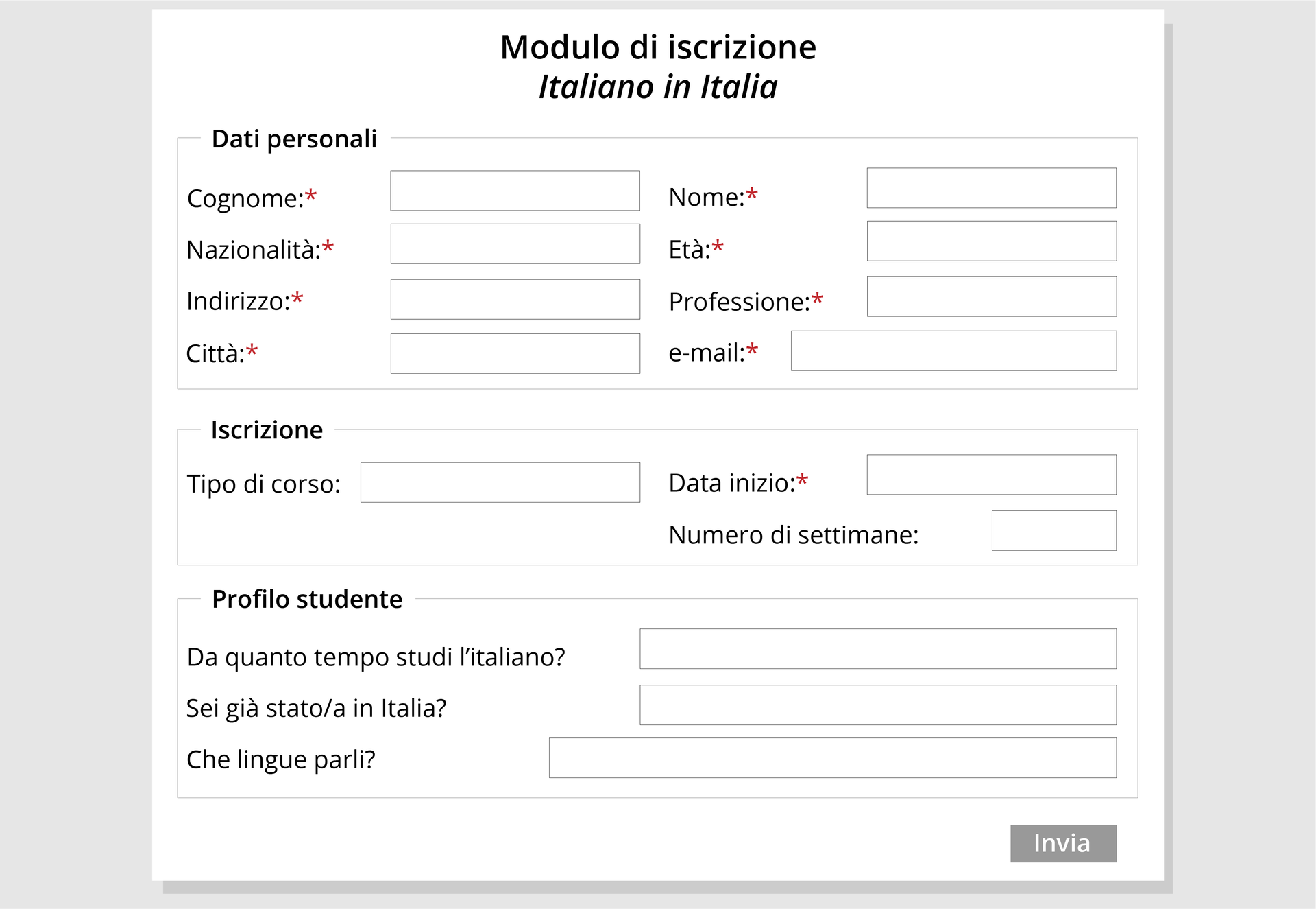 Grafika przedstawia formularz rejestracyjny na kurs. Formularz zawiera rubryki do wpisania danych studenta takie jak: imię, nazwisko, wiek, miejsce zamieszkania, adres mailowy oraz pytania dotyczące kursu, na jaki ktoś chce się zapisać.