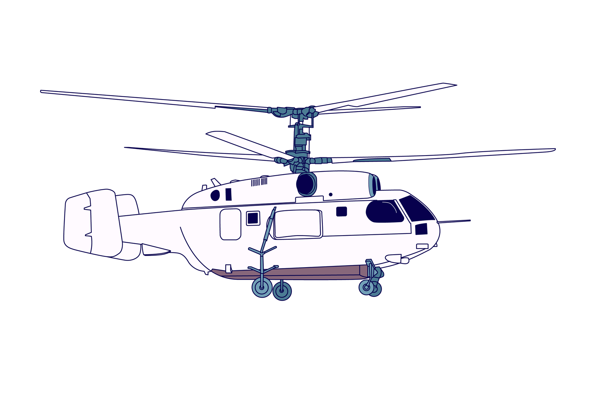 Ilustracja przedstawia przykład śmigłowca dwuwirnikowego współosiowego. Kabina posiada cztery koła podwozia i ogon z usterzeniem. Na szczycie kabiny zamontowane są dwa śmigła o trzech łopatach, na wspólnej osi, jedno nad drugim.