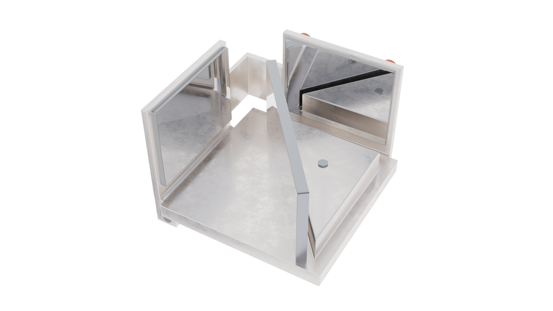 Na grafice przedstawiono interferometr. Na podstawie zamontowane są trzy lustra, dwa przy ścianach bocznych, jedno jako połowa przekątnej.