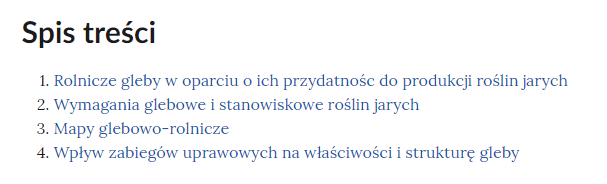 Przykładowy interaktywny spis treści umożliwiający nawigowanie po zakładce. Na górze znajduje się tytuł: Spis treści. Pod nim w czterech punktach wypisane są tytuły poszczególnych zakładek.