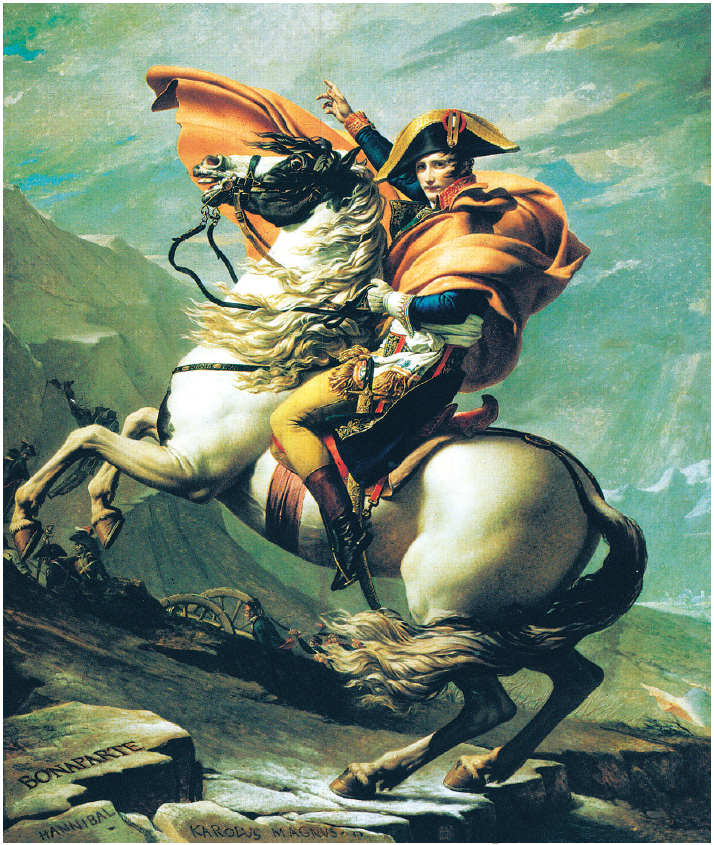 Obraz przedstawia Napoleona przekraczającego Przełęcz Świętego Bernarda. Malarz ukazał Napoleona dosiadającego konia stojącego dęba, co według tradycji starożytnej symbolizuje władzę. Jest to dynamiczny portret młodego przywódcy wojskowego z wzniesioną ku górze prawą ręką. Koń stoi na skałach, gdzie znajduje się inskrypcja z nazwiskiem Bonapartego oraz Hannibala i Karola Wielkiego.