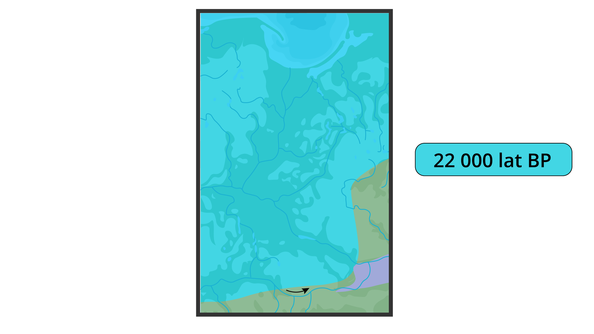 Na mapie Polski obejmującej północną część wzdłuż Wisły zaznaczono deglacjację obszaru kraju 22 000 lat BP.  Niemal cały obszar jest pokryty lodowcem. Na południu obszaru strzałką skierowaną w prawo, wzdłuż linii Wisły, zaznaczono odpływ wód polodowcowych.  