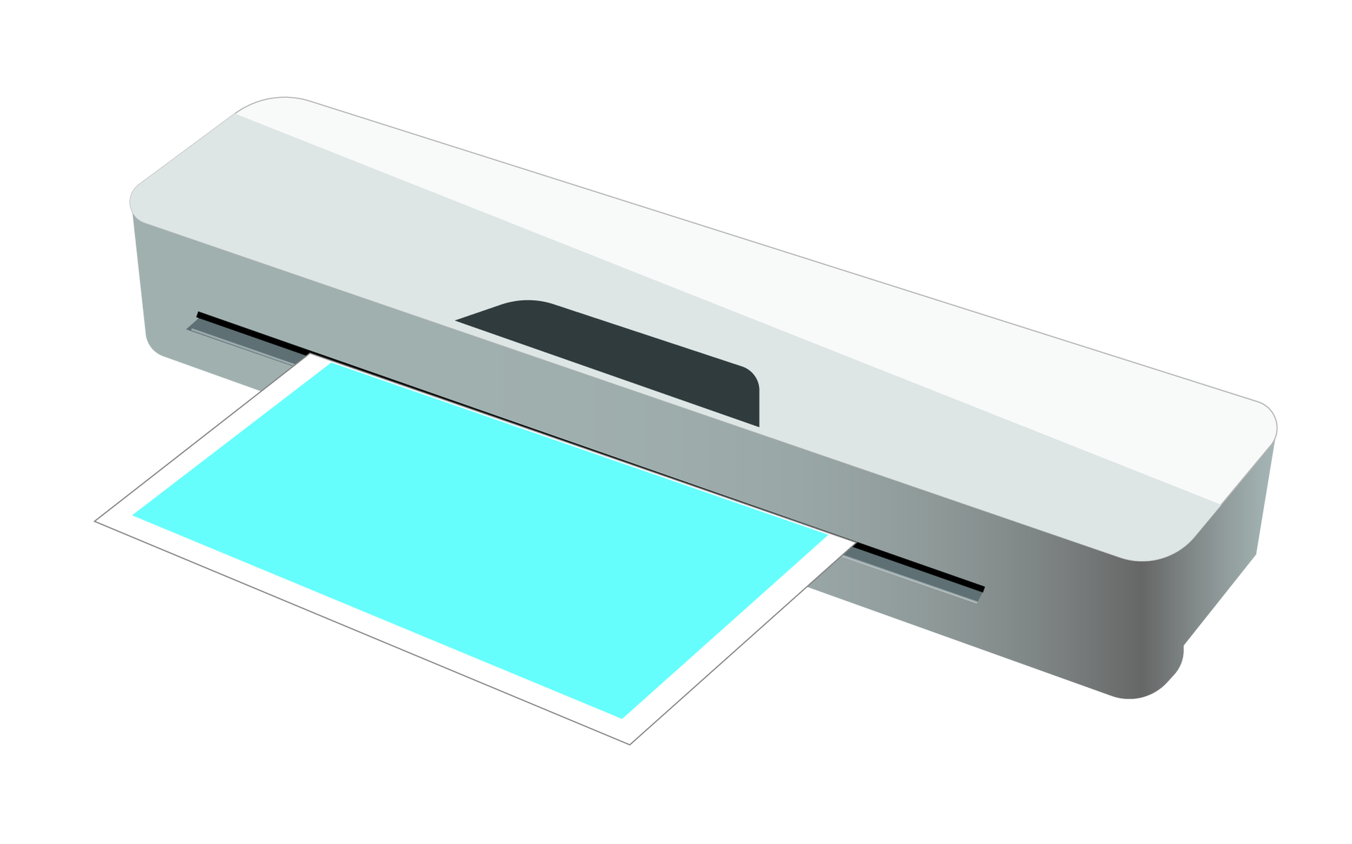 Fotografia przedstawia laminator. Urządzenie posiada plastikową obudowę, kształtem przypominająca prostopadłościan o zaokrąglonych rogach. Od frontu znajduje się kartka papieru do połowy wciągnięta w urządzenie. Otwór roboczy szeroki a jego wysokość mała. 
