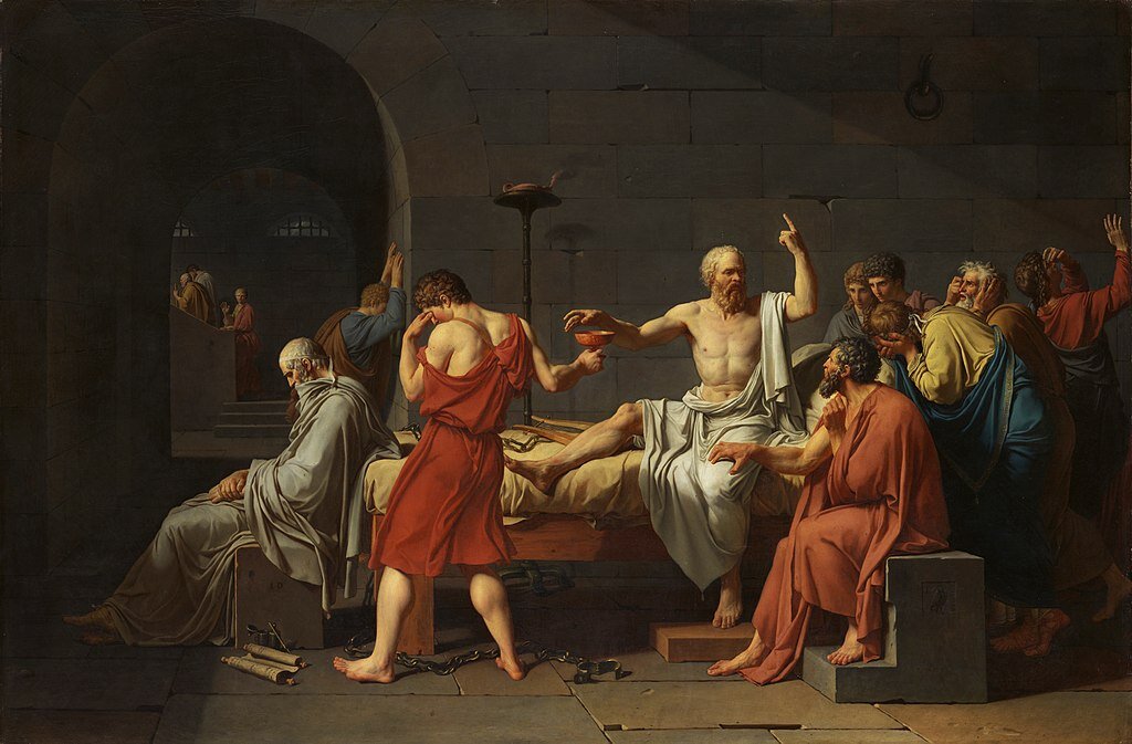 Jacques-Louis David, Śmierć Sokratesa, 1978 r. Pogląd, że zło bierze się z niewiedzy, rozpowszechnił się w filozofii greckiej w V w. p.n.e. Wyznawali go zarówno sofiści, jak i Sokrates. Pomimo tego podobieństwa, gruntownie różnili się między sobą w innych kwestiach. Sofiści głosili, że dobro i zło są względne, Sokrates – przeciwnie, że mają jedno, niezmienne znaczenie, które każdy człowiek powinien próbować poznać.