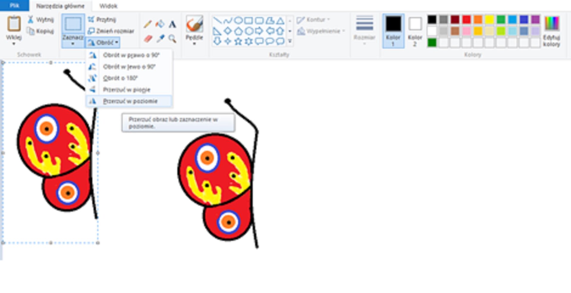 Zrzut okna programu Paint. Ilustrujący wykorzystuje narzędzie kopiuj oraz wklej na przykładzie skrzydła motyla