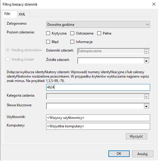 Zrzut ekranu przedstawia okno dialogowe: Filtruj bieżący dziennik.  Podświetlona jest zakładka Filtr.  Z listy zalogowano wybrano: Dowolna godzina.  Poniżej znajduje sie opis: Dołącza/wyklucza identyfikatory zdarzeń: wprowadź numery identyfikacyjne i/lub zakresy identyfikatorów rozdzielone przecinkami.  W przypadku kryteriów wykluczania najpierw wpisz znak minus.  W polu tym wprowadzono wartość 4624.   Poniżej znajdują się pola: Kategoria zadania, słowa kluczowe, użytkownik, komputery.  Okno to posiada przyciski: Wyczyść, ok, anuluj.