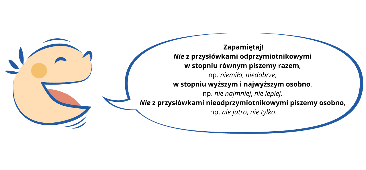 Ilustracja przedstawiająca uśmiechniętą buzię dziecka znajdującą się po lewej stronie. Po prawej stronie w dymku informacje: Zapamiętaj! „Nie” z przysłówkami odprzymiotnikowymi w stopniu równym piszemy razem, np. niemiło, niedobrze; w stopniu wyższym i najwyższym osobno, np. nie lepiej, nie najmniej. „Nie” z przysłówkami odprzymiotnikowymi piszemy osobno, np. nie jutro, nie tylko. 