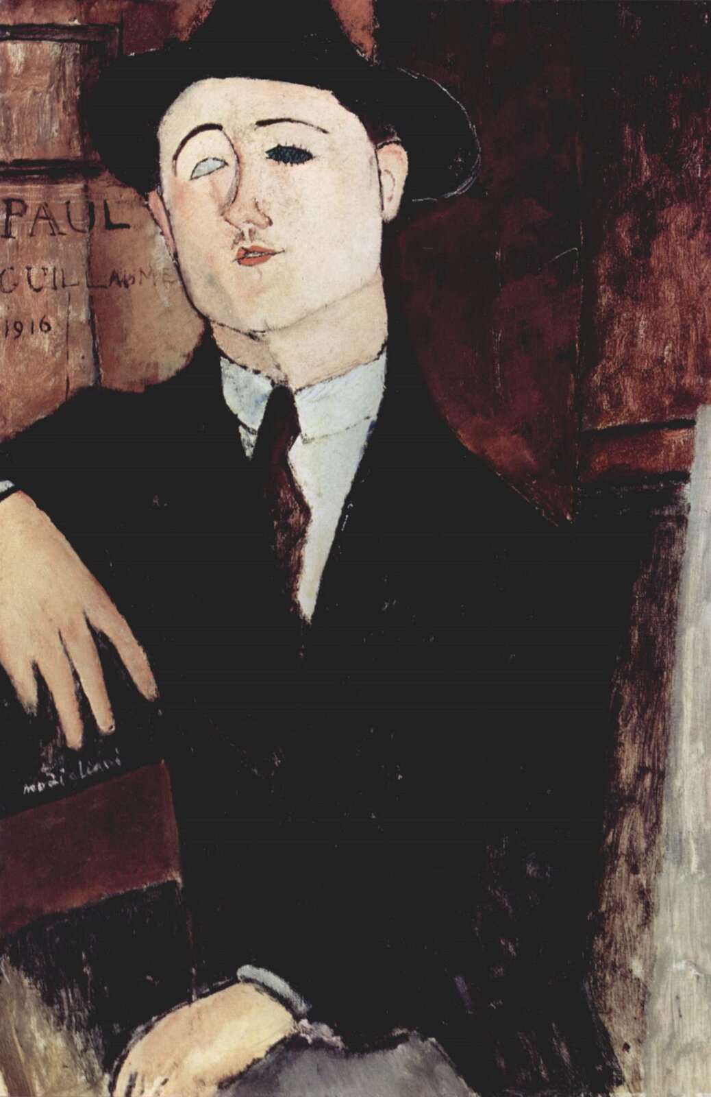 Ilustracja przedstawia obraz Amedeo Modigliani pt. „Portret Paula Guillaume’a”. Na obrazie znajduje się mężczyzna w czarnym garniturze oraz czarnym kapeluszu. Jego prawe oko jest całe białe, lewe czarne, jakby zaszyte.