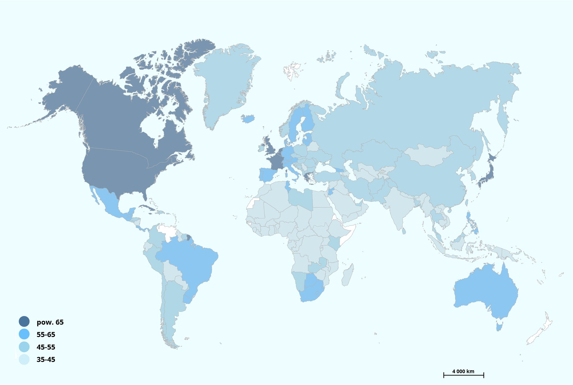 Mapa świata przedstawia udział usług w PKB. Powyżej 65% wystąpiło w USA, Kanadzie, Wielkiej Brytanii, we Francji, w Grecji, Japonii. Od 55 do 65% wystąpiło w Meksyku, Brazylii, RPA, Australii, Hiszpanii, Portugalii, we Włoszech, w Austrii, Niemczech, Danii, Szwecji, Finlandii, na Islandii. Od 45 do 55% wystąpiło w Argentynie, Chile, Peru, Kolumbii, na Grenlandii, w Namibii, Kenii, Zambii, Libii, Norwegii, Polsce, Czechach, Rumunii, Bułgarii, na Bałkanach, Ukrainie, w Rosji, Kazachstanie, Chinach, Iranie, Pakistanie, Afganistanie. Od 35 do 45% wystąpiło w Boliwii, środkowej i północnej Afryce, na Półwyspie Arabskim, na Białorusi, w Indiach, Birmie, Indonezji, Papui Nowej Gwinei, Mongolii.