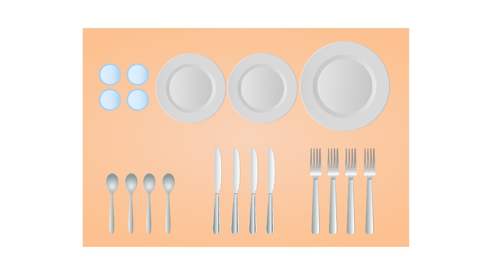 Na grafice przedstawiony jest zestaw sztućców klasycznych na stole pomocniczym bufetu śniadaniowego. Na jasnopomarańczowym prostokącie w poziomie, obrazującym blat stołu, widoczne są w rzucie z góry, w górnym rzędzie od lewej cztery niebieskie kółka obrazujące szklanki trzy szare kółka, z których trzecie po prawej jest większe, obrazujące talerze. W dolnym rzędzie widoczne są od prawej cztery małe metalowe łyżeczki, cztery metalowe noże skierowane ostrzami w górę oraz cztery metalowe widelce z czterema zębami skierowanymi do góry.