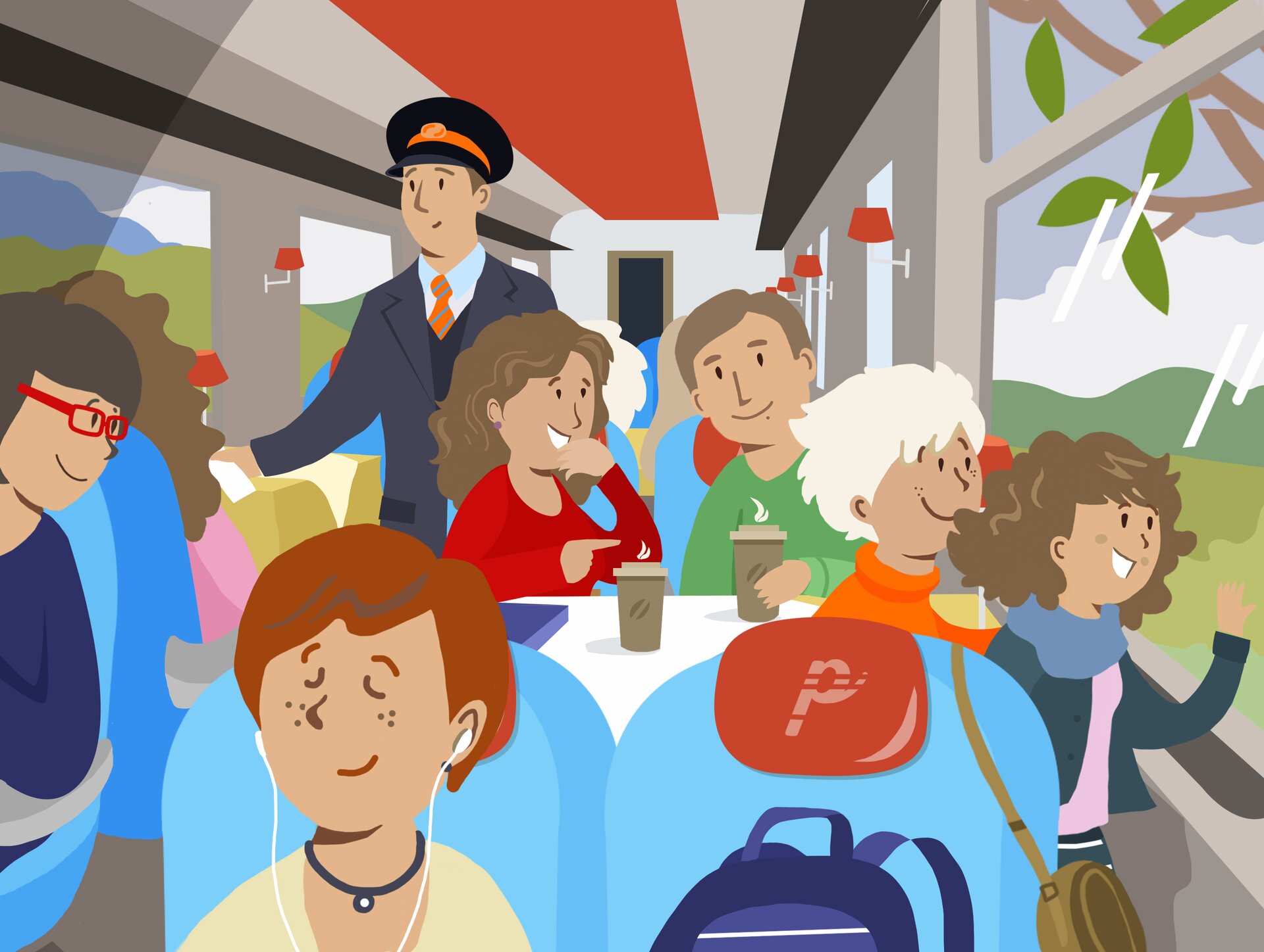 Ilustracja przedstawia grupę osób w przedziale pociągu. Wśród nich znajduje się rodzina przy stole. Dwoje dzieci wygląda przez okno. Obok nich przechodzi konduktor.