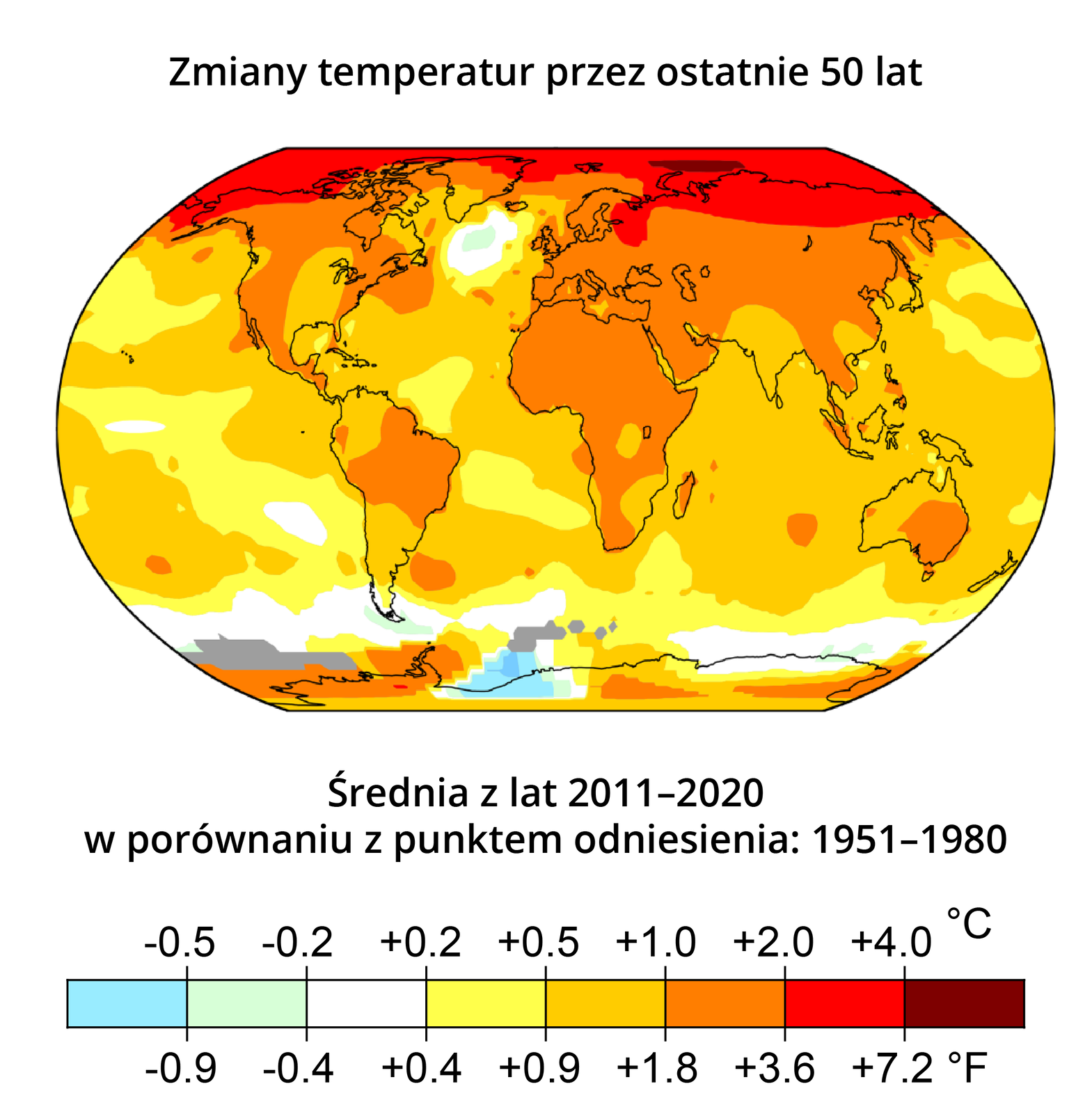 Ilustracja przedstawia mapę świata z ukazanymi zmianami temperatur przez ostatnie 50 lat. Średnia z lat 2011–2020 w porównaniu z punktem odniesienia: 1951–1980. Większość kontynentów jest zaznaczona kolorem pomarańczowym, co oznacza wzrost temperatury od plus 1 do plus 2 stopni Celsjusza. Górna część globu jest oznaczona kolorem czerwonym, co oznacza wzrost temperatury od plus 2 do plus 4 stopni. Większość kuli ziemskiej oznaczona jest kolorem żółtym, oznaczającym wzrost temperatury od plus 0,5 do plus 1 stopni. Nieliczne okolice Antarktydy oraz południowego brzegu Grenlandii zanotowały spadek temperatury o 0,5 i 0,2 stopnia oraz brak zmian temperatury.