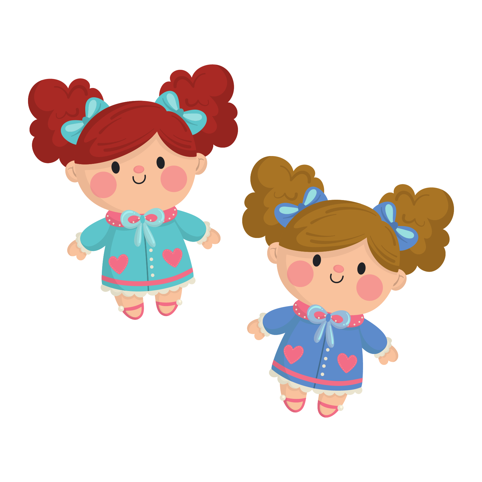 Ilustracja ukazuje dwie lalki. Lalki ubrane są w sukienki, na których narysowane są serduszka. Lalki mają po dwie, kitki, spięte kokardkami.