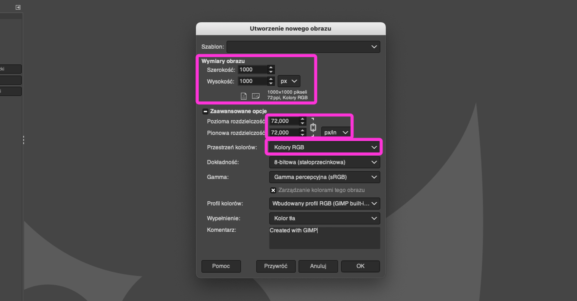 Ilustracja przedstawia okno o nazwie: Utworzenie nowego obrazu. Zaznaczono: wymiary obrazu - szerokość 1000, wysokość 1000 pikseli. Pozioma rozdzielczość 72,000, pozioma rozdzielczość 72,000 px/in. Przestrzeń kolorów - Kolory RGB.