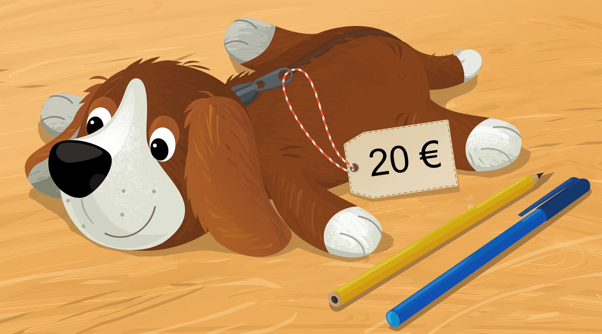 Ilustracja przedstawia piórnik w kształcie pieska, który kosztuje dwadzieścia euro.