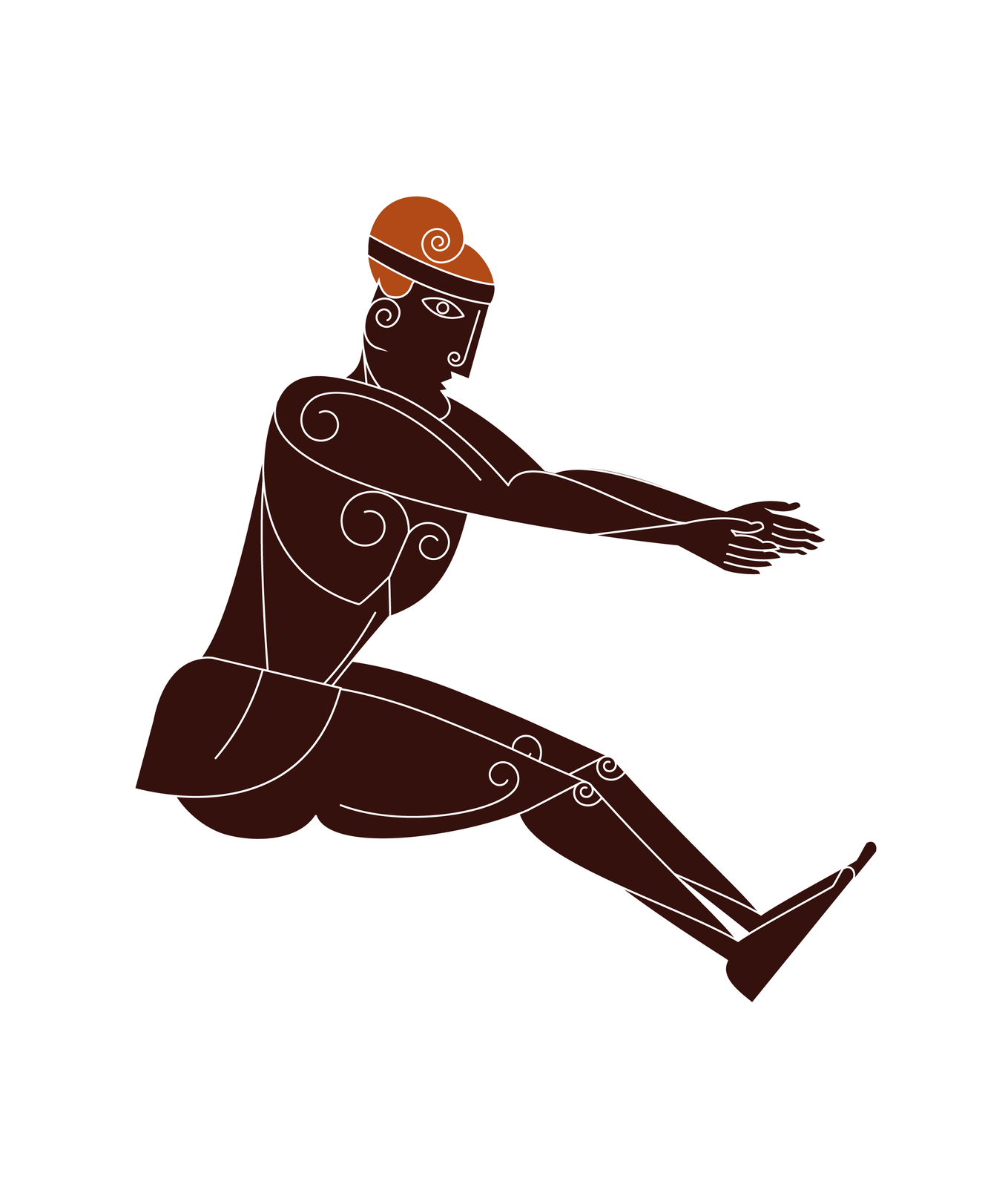 Schematyczny rysunek mężczyzny z zarysem anatomicznym, ukazany z profilu, uchwycony w trakcie wykonywania skoku. Nogi i ręce złączone przed korpusem, wysunięte ku prawej krawędzi ilustracji. 