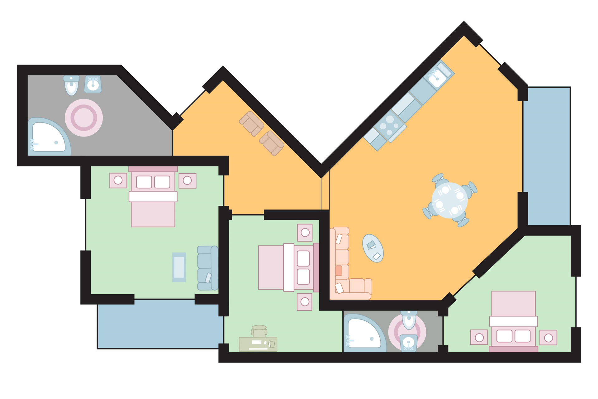 Plan mieszkania w kształcie nieregularnego piętnastokąta. Mieszkanie składa się z siedmiu pomieszczeń i dwóch tarasów w kształcie prostokąta. Poszczególne pomieszczenia w mieszkaniu przypominają mniej lub bardziej znane wielokąty. Jedna z sypialni oraz jedna z łazienek mają kształt prostokąta. Druga sypialnie ma kształt sześciokąta podobnie jak druga łazienka oraz salon. Przedpokój jest siedmiokątem.
