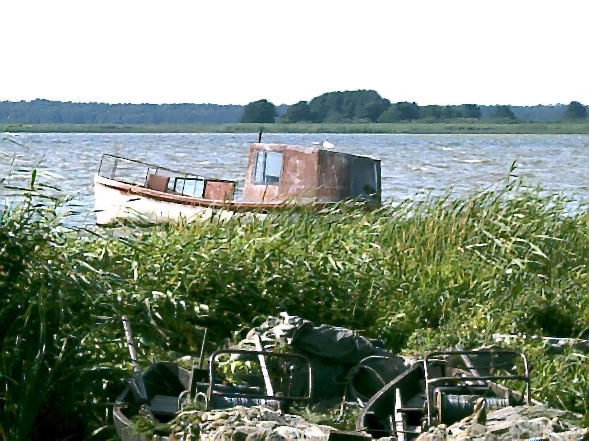 Kliknij, aby powiększyć. Zdjęcie przedstawia jezioro. Na pierwszym planie widać pozostałości łodzi, która znajduje się w szuwarach. Za szuwarami widać wodę i łódź.