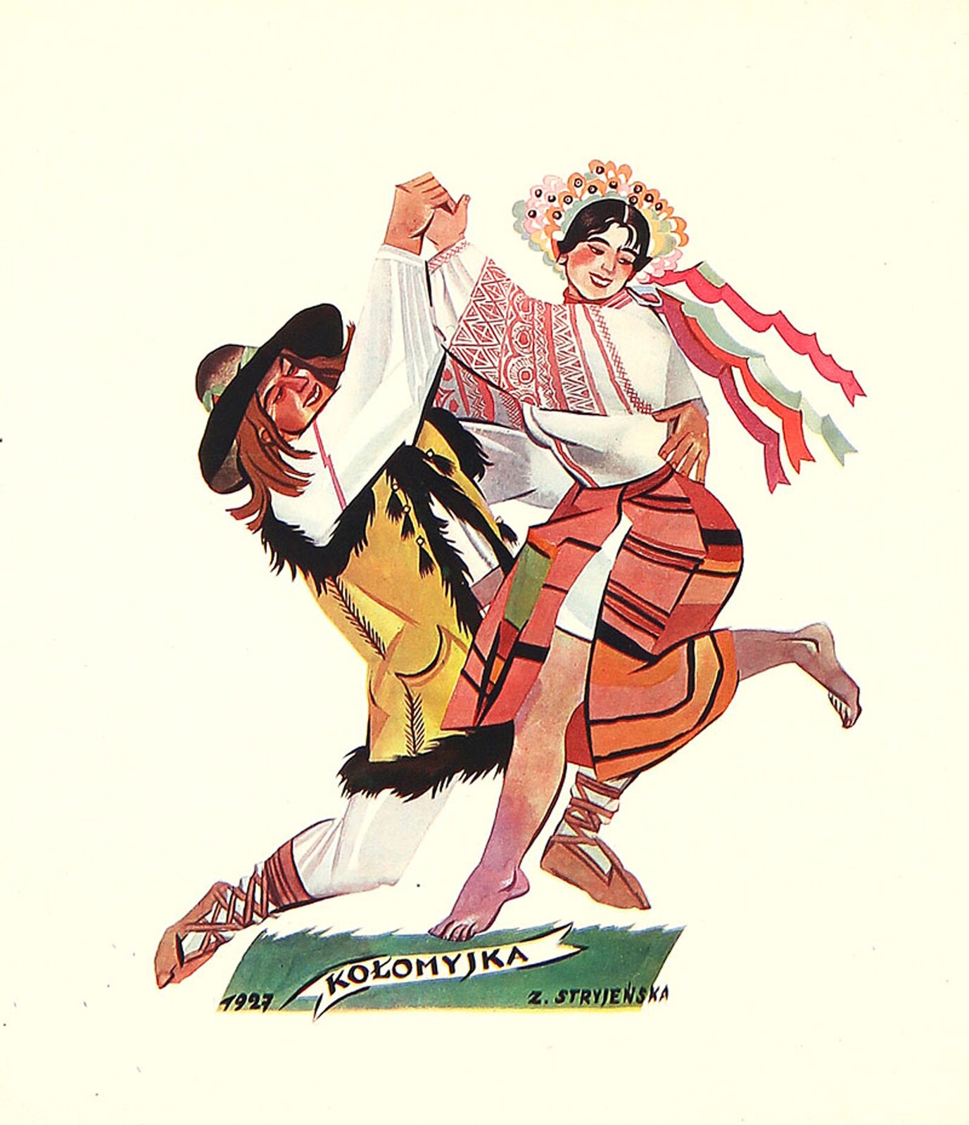 Na ilustracji grafika Zofii Stryjeńskiej „Kołomyjka". Przedstawia kobietę i mężczyznę. Postaci ubrane są w kolorowe stroje ludowe. Mężczyzna ubrany jest w białą koszulę, jasne spodnie i kożuszek bez rękawów, na głowie ma czarny kapelusz. Kobieta ma kolorową, żółto‑pomarańczowo‑czerwoną spódnicę i białą koszulę z czerwonymi haftami na rękawach.