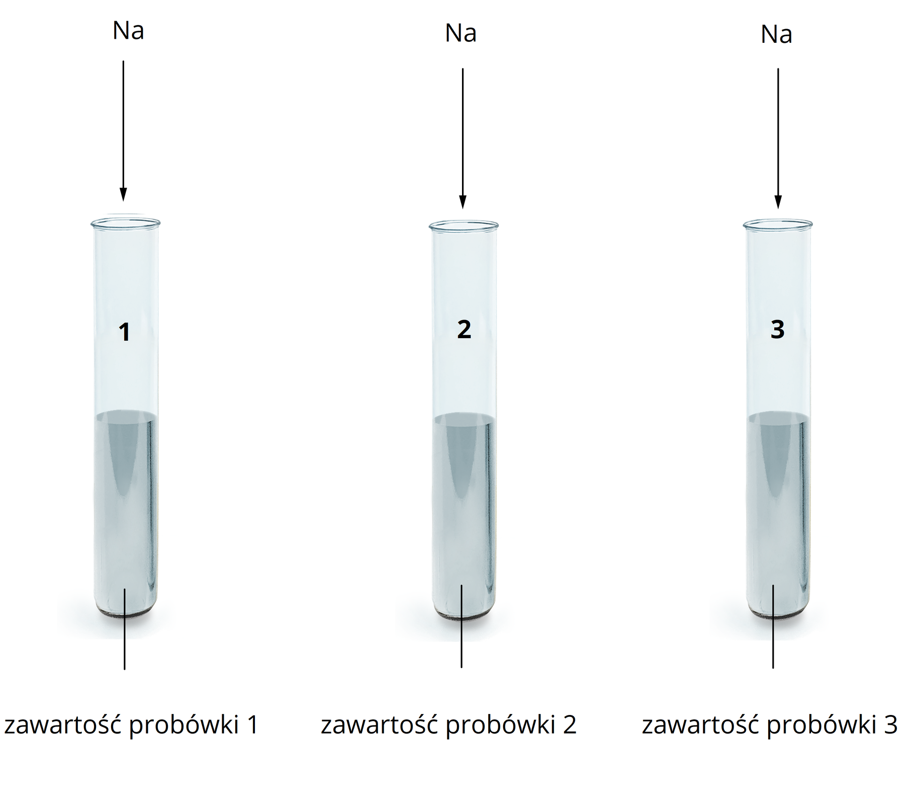 Na ilustracji są trzy probówki. W każdej z nich dodano sód. Pod probówkami są napisy: zawartość probówki 1, zawartość probówki, zawartość probówki 3. Zawartość probówek ma szarą barwę.