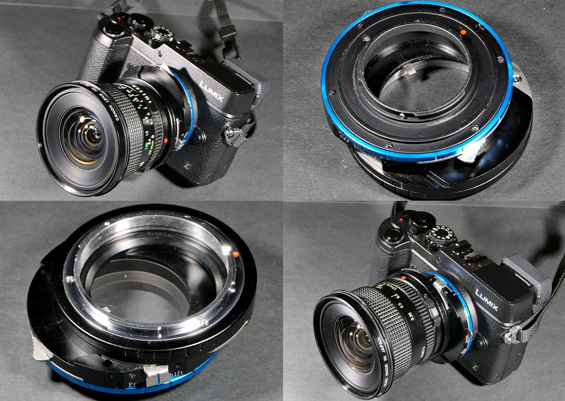 Zdjęcie przedstawia aparaty fotograficzne z obiektywami oraz nakładki na obiektywy typu tilt‑shift. Zdjęcie podzielone jest na 4 części: w lewej górnej widoczny jest z ukosa aparat fotograficzny z zamontowanym obiektywem z nakładkami, na prawo dwie okrągłe nakładki na obiektyw. Poniżej po lewej widoczne są dwie te same nakładki, ale odwrócone. Na prawo widoczny jest z ukosa aparat fotograficzny z zamontowanym obiektywem z nakładkami.