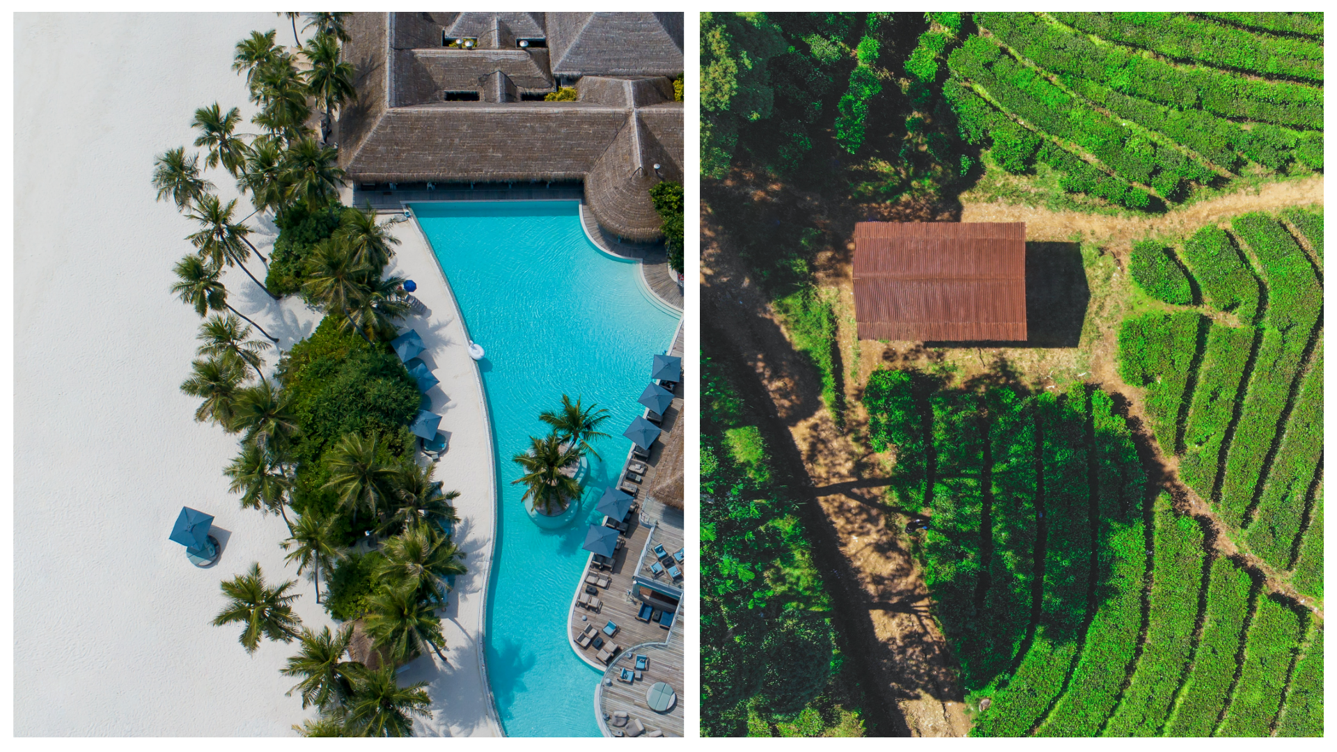 Ilustracja składa się z dwóch zdjęć. Zdjęcie po lewej przedstawia widok z góry na hotel z basenem. Na lewym brzegu basenu znajduje się piaszczysta plaża oraz rosną palmy, wśród których ustawione są parasole przeciwsłoneczne. Po prawej stronie basenu znajduje się drewniany taras z ustawionymi parasolami przeciwsłonecznymi, leżakami, stołami i krzesłami. Na środku basenu znajduje się wyspa, na której rosną 3 palmy. Zdjęcie po prawej przedstawia widok z góry małego, skromnego, wiejskiego domku. Z lewej strony dom otoczony jest drzewami, które rzucają długie cienie. Z pozostałych stron znajdują się pola uprawne podzielone na nieregularne kształty miedzami. Do domu prowadzi szeroka piaszczysta droga biegnąca od dołu zdjęcia. Z prawej strony dwie ścieżki pomiędzy polami prowadzą do domu. 