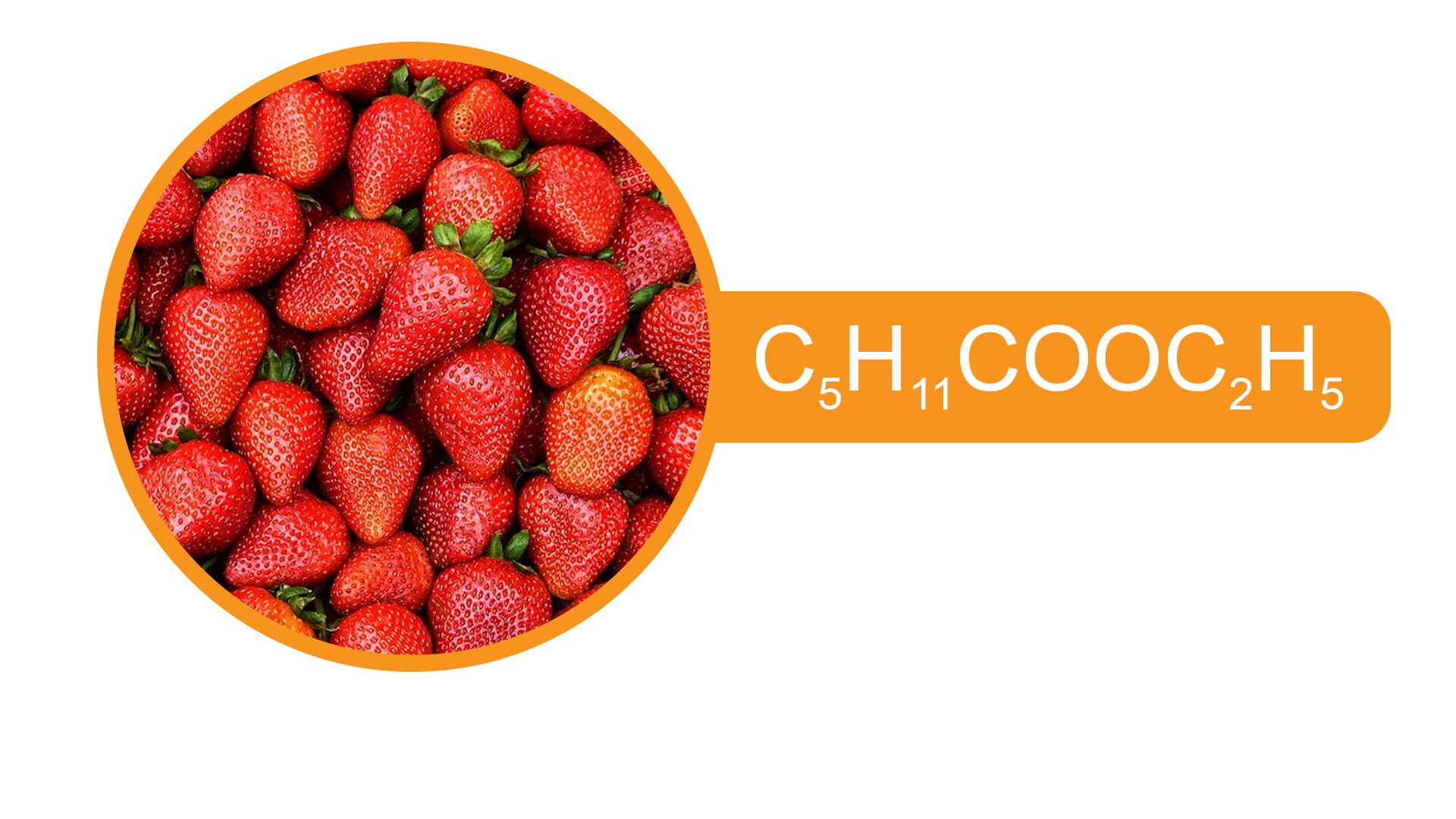 Fotografia przedstawia truskawki, obok nazwa związku heksanian etylu. ce pięć ha jedenaście ce o o ce dwa ha pięć.
