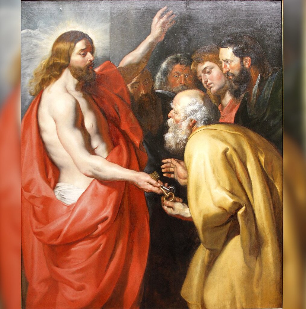 Obraz przedstawia scenę rodzajową. Ukazana jest grupa ludzi. Po lewej stronie stoi Jezus Chrystus. Jest obleczony czerwoną materią. Lewą rękę wyciąga ku niebu, w prawej ręce trzyma klucze. Podaje je staremu, siwemu, pochylonemu mężczyźnie. To Piotr. Obok nich stoją także czterej inni Apostołowie.