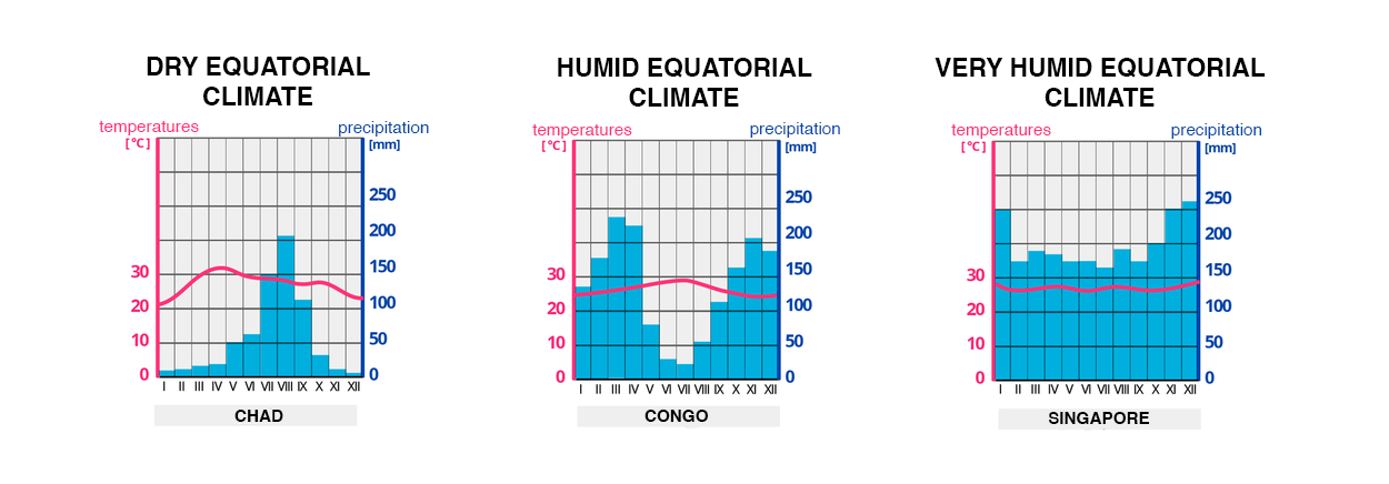 Ilustracja przedstawiająca przykłady klimatogramów dla wybranych typów klimatu w strefie równikowej - klimatu podrównikowego suchego, dry equatorial climate (Czad), podrównikowego wilgotnego, humid equatorial climate, (Kongo), równikowego wybitnie wilgotnego, very humid equatorial climate (Singapur).1. Klimatogram pierwszy, Chad, Dry equatorial climate - miesięczne temperatury utrzymują się w zakresie od dwudziestu do ponad trzydziestu stopni. Suma opadów od blisko zera w grudniu i styczniu do ponad dwustu milimetrów w sierpniu. 2. Klimatogram drugi, Congo, Humid equatorial climate - prawie stała temperatura przekraczająca dwadzieścia stopni. Wysoka suma opadów sięgająca nawet dwustu pięćdziesięciu milimetrów, oprócz miesięcy letnich, gdy suma opadów spada do około trzydziestu milimetrów. 3. Klimatogram trzeci, Singapore, Very humid equatorial climate - stała temperatura około 28 stopni i stała suma opadów od stu osiemdziesięciu do 250 milimetrów.