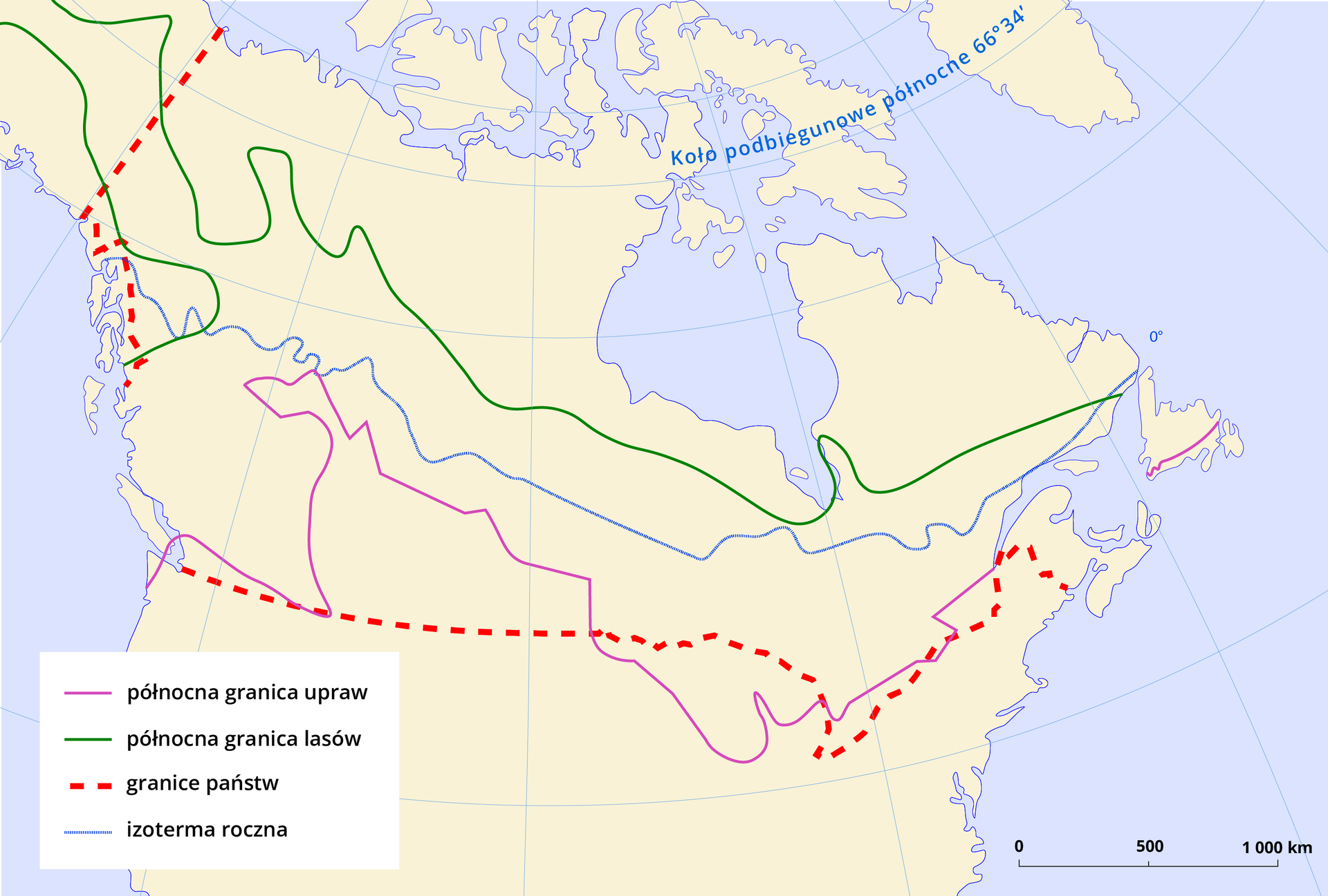 Na mapie oznaczono granicę upraw i lasów na tle izotermy rocznej 0ºC. Granica upraw znajduje się na południu Kanady, przebiega poniżej izotermy rocznej. Północna granica upraw lasów przebiega na północ od izotermy rocznej. W lewym rogu mapy znajduje się legenda.  