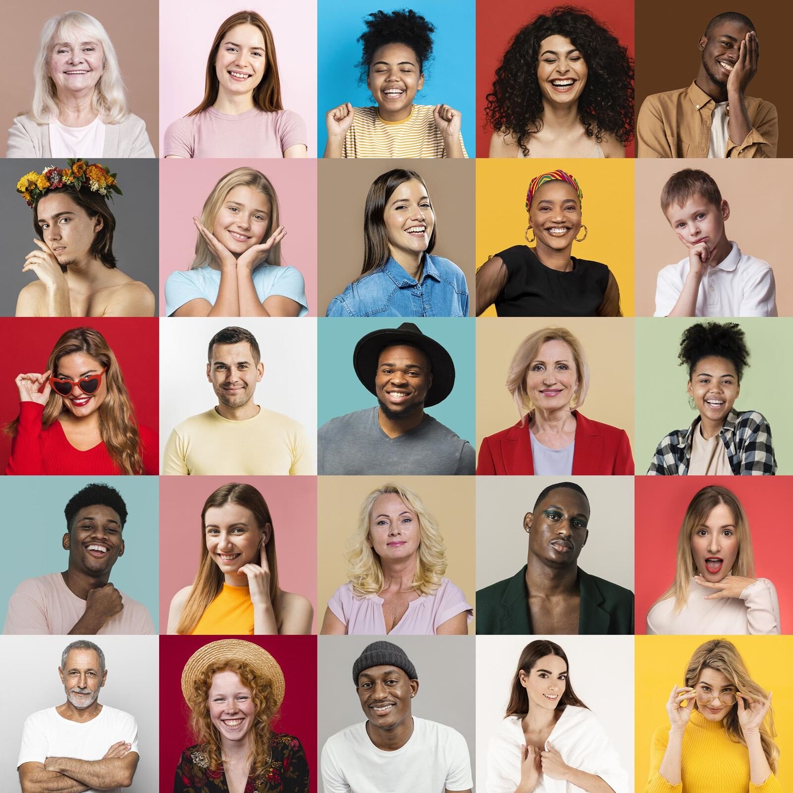 Ilustracja składa się z 25 małych zdjęć przedstawiających twarze osób różniących się płcią, kolorem skóry, kolorem włosów i wiekiem. Niektóre z nich mają nakrycia głowy – dwoje nosi kapelusz, jeden mężczyzna ma czapkę, a jedna kobieta ma na głowie wianek z kwiatów. Dwie dziewczyny noszą okulary.