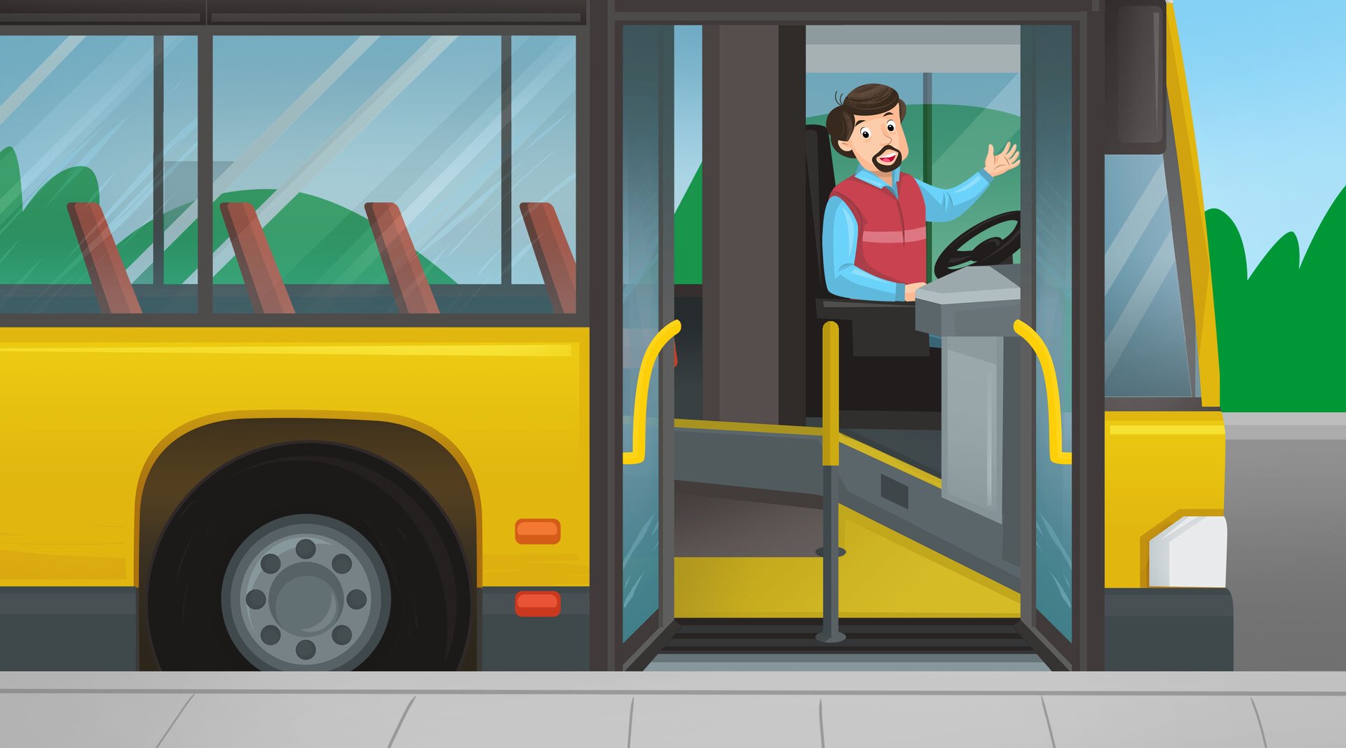 Ilustracja  przedstawia kierowcę siedzącego w autobusie.
