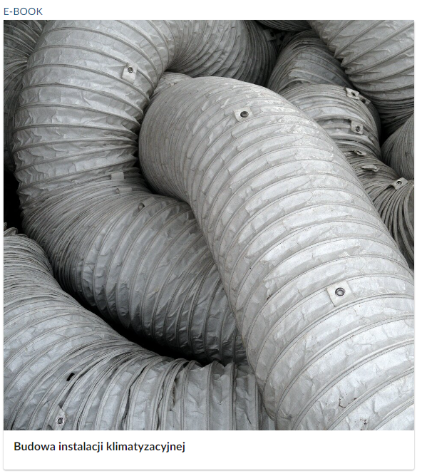 Ilustracja przedstawia ikonę e‑booka. Ikona składa się z grafiki oraz podpisu z tytułem multimedium: Budowa instalacji klimatyzacyjnej.