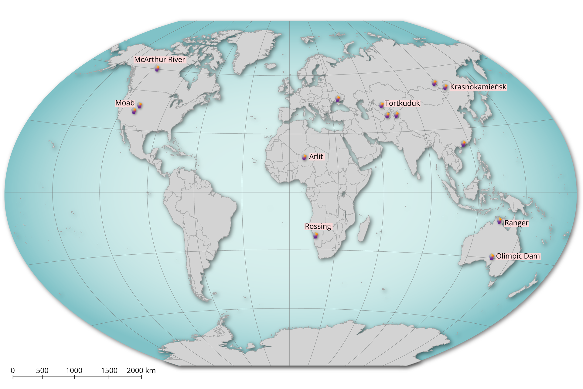 Mapa przedstawia główne obszary występowania uranu na świecie. Są to: McArthur River, Moab, Arlit, Rossing, Torkuduk, Krasnokamieńsk, Ranger, Olimpic Dam.