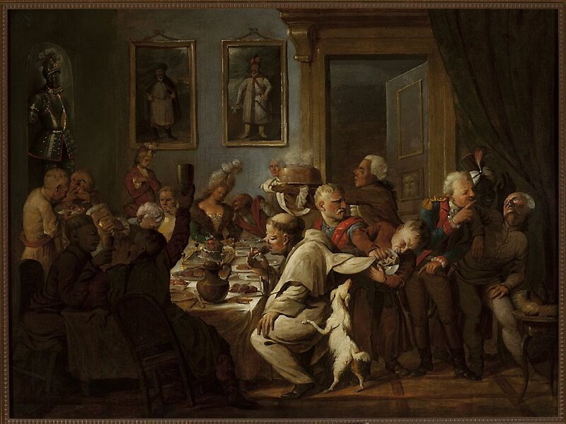 Obraz przedstawia wnętrze pokoju, w którym znajduje się stół obficie zastawiony jadłem i napitkiem. Przy nim siedzą mężczyźni, jeden zakonnik i jedna kobieta. Mężczyźni noszą kontusze szlacheckie, dwóch ma peruki na głowach i  ubrani są po francusku. Mężczyźni siedzą lub stoją przy stole, jedzą, gestykulują i rozmawiają. Na pierwszym planie znajduje się, siedzący bokiem, zakonnik w białym habicie, do którego łasi się biały pies. Obok stoi szlachcic, który przygląda się psu. Dwóch mężczyzn siedzących po lewej stronie żywo rozmawia, jeden unosi nad głową duży kielich. Po prawej stronie zakonnika stoi dwóch mężczyzn w perukach, którzy o czymś dyskutują. Za nimi służący niesie dymiącą potrawę ułożoną na tacy. Na końcu stołu siedzi kobieta w wielkiej, białej peruce, ubrana w suknię z głębokim dekoltem. Do niej nachyla się szlachcic w kontuszu. W tle na ścianach wiszą dwa obrazy, przedstawiające męskie postacie w kontuszach. Z prawej strony znajdują się otwarte drzwi, z lewej, w rogu stoi zbroja rycerska.