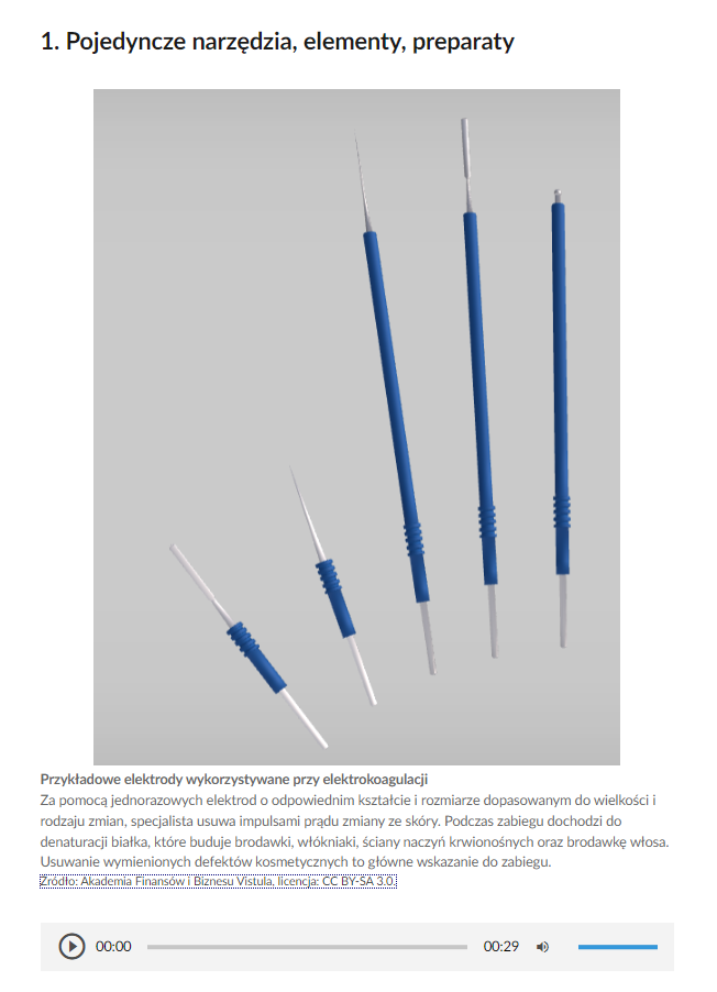 Grafika przedstawia widok na przykładową grafikę z galerii zdjęć. W górnej części zdjęcie przedstawiające elektrody wykorzystywane do elektrokoagulacji, następnie opis, informacje o źródle i licencji oraz odtwarzacz audio. Po lewej stronie ikona trójkąta służąca do włączania lub wyłączania nagrania. Obok znajduje się informacja o czasie odtworzonego fragmentu, pasek, dzięki któremu można zaznaczyć konkretny moment nagrania do otworzenia oraz informacja o całkowitej długości nagrania. W prawej części odtwarzacza znajduje się ikona głośnika służąca do wyłączenia/włączenia dźwięku oraz pasek, na którym można ustawić odpowiedni poziom głośności.