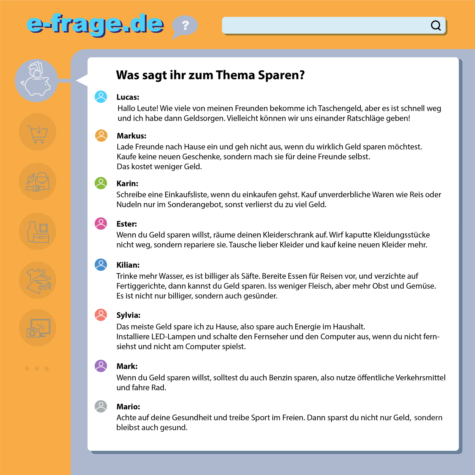 Ilustracja przedstawia zrzut z forum internetowego.pt. Was sagen die Jugendlichen zum Thema Sparen? W wymianie informacji bierze udział osiem osób. Treść dostępna jest w transkrypcji poniżej.