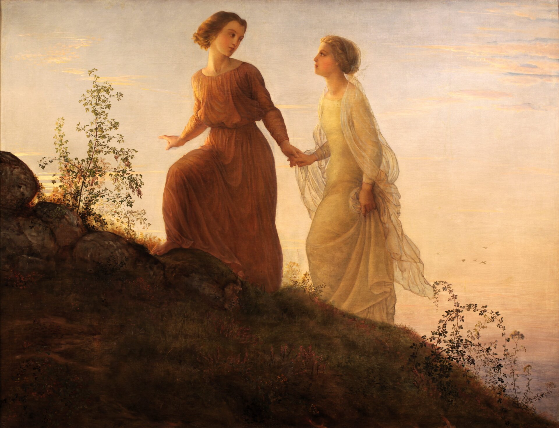 Obraz przedstawia dwie młode młode kobiety w długich, powiewnych sukniach. Kobiety wchodzą na wzgórze. Trzymają się za ręce. Patrzą sobie w oczy.