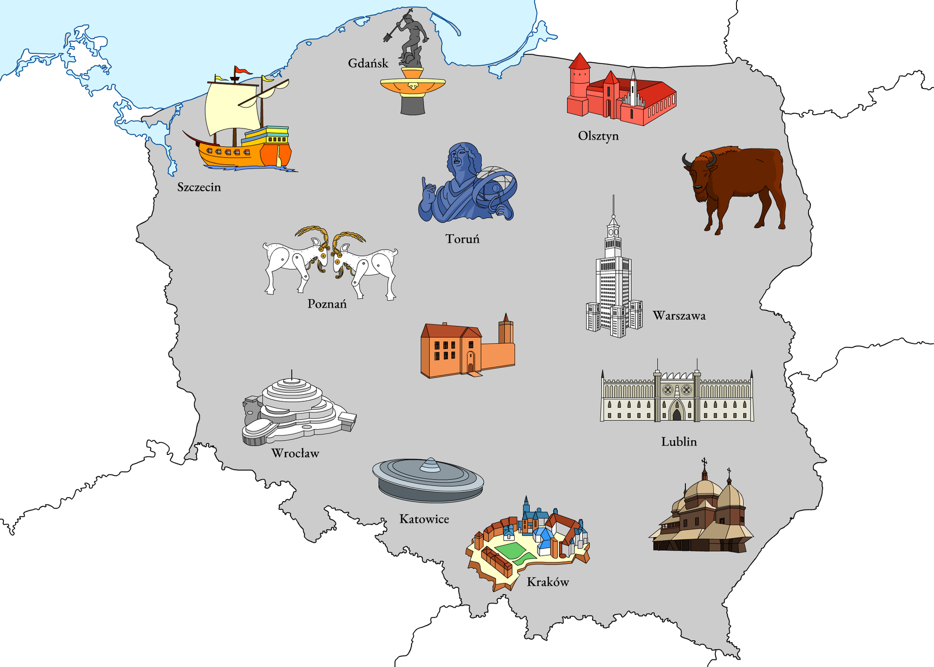 Na ilustracji mapa administracyjna Polski. Przedstawiono na niej symbole atrakcji turystycznych Polski związanych z określonymi miejscami. Gdańsk - Fontanna Neptuna, Szczecin - żaglowiec, Toruń - pomnik Mikołaja Kopernika, Poznań - koziołki z wieży ratusza w Poznaniu, Wrocław - Hala Stulecia, Katowice - Spodek, Kraków - kompleks zamkowy na Wawelu, Lublin - Zamek Lubelski, Warszawa - Pałac Kultury i Nauki, Olsztyn - zamek w Olsztynie. Ponadto widoczne są następujące elementy - żubr na Podlasiu , drewniana cerkiew prawosławna na Podkarpaciu i fabryka na terenie województwa łódzkiego.