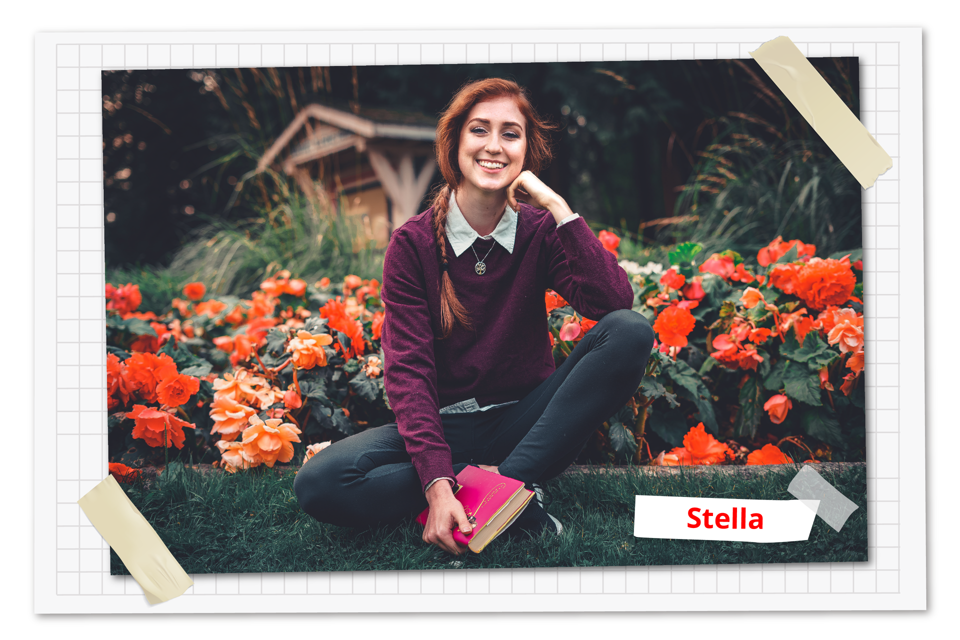 Ilustracja obrazuje młodą kobietę siedzącą z książką w ogrodzie wśród kwiatów. Podpis: Stella.