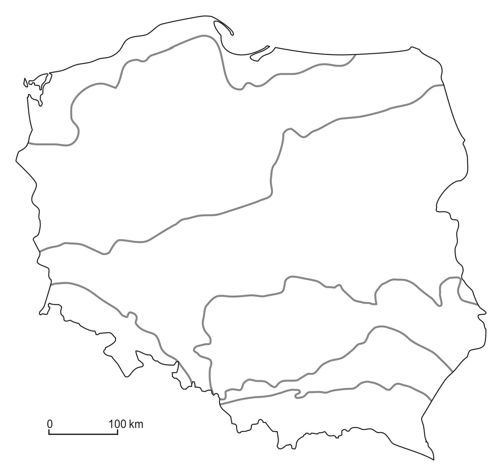 Na ilustracji mapa konturowa. Wydzielono pasy rzeźby terenu w Polsce.