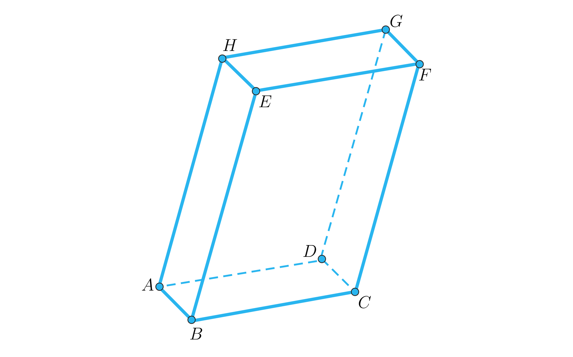 Rysunek przedstawia graniastosłup pochyły o prostokątnych podstawach i czterech ścianach będących równoległobokami. Dolna podstawa to prostokąt ABCD, podstawa górna to prostokąt HEFG, przy czym powyżej wierzchołka A znajduje się wierzchołek H, ale nie pionowo nad nim. Powyżej wierzchołka B znajduje się wierzchołek E, ale nie pionowo nad nim. Powyżej wierzchołka C znajduje się wierzchołek F, ale nie pionowo nad nim. Powyżej wierzchołka D znajduje się wierzchołek G, ale nie pionowo nad nim.