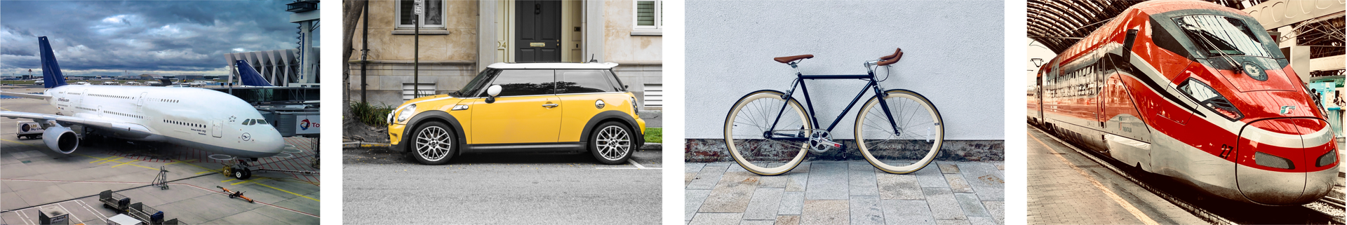 Ilustracja składa się z czterech zdjęć, które przedstawiają różne środki transportu. Zdjęcia od lewej przedstawiają: samolot pasażerski, mały samochód osobowy, rower, oraz nowoczesny pociąg.