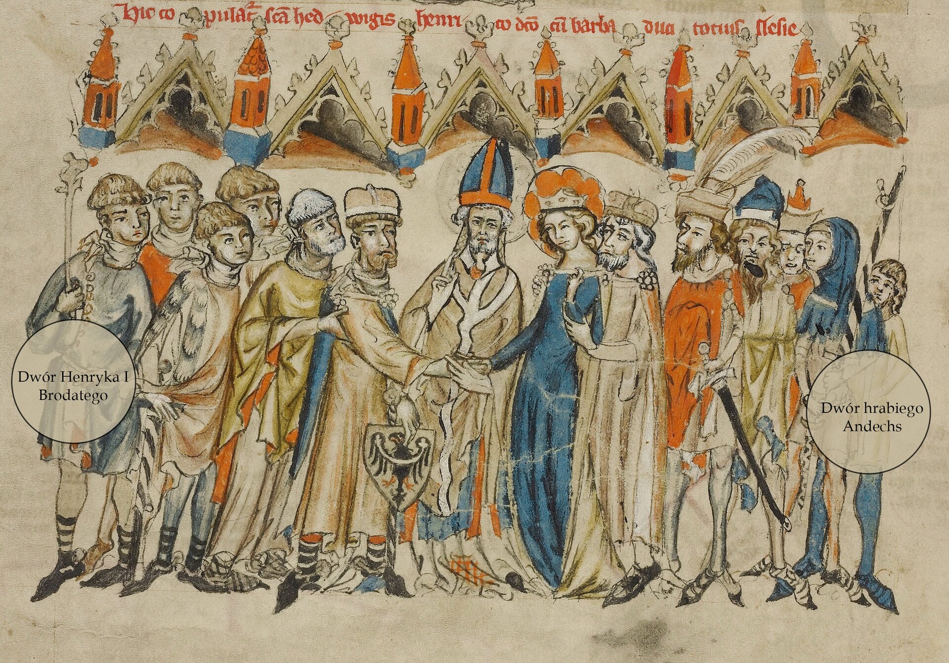 Kliknij, aby powiększyć. Ilustracja z XIV‑wiecznego kodeksu przedstawia orszak księżnej Jadwigi i samą księżną z prawej strony, a orszak księcia Henryka Brodatego i samego księcia z lewej strony. Henryk Brodaty w książęcej mitrze, długiej beżowej szacie, ciemnym obuwiu wysuwa prawą dłoń do potwierdzenia związku z księżną. W lewej dłoni trzyma herb Piastów śląskich - czarnego orła na żółtym polu. Księżna odziana jest w granatową suknię i diadem, wysuwa prawą rękę do uścisku z księciem. Pośrodku widać biskupa, który gestem błogosławieństwa prawej dłoni zatwierdza mariaż. Orszak księcia składa się z mężczyzn o długich szatach za kolana i fryzurach podciętych tuż nad uchem, przypominających wygląd pazia. Z kolei orszak Jadwigi w części składa się z przedstawicieli rycerstwa, co zauważalne jest po dolnych partiach zbroi i przypasanych mieczach. Różnorodne nakrycia głowy - kaptury, czepki, czapki przykrywają fryzury. Księżną Jadwigę obejmuje możny, odziany podobnie jak Henryk, jednak posiadający zapinkę w kształcie kwiatka na ramieniu. W górnej części ilustracji widać rysowane krużganki i napis w języku łacińskim.